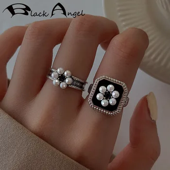 BLACK ANGEL Argint 925 Delicata Perla Flori Deschise Inel Vintage Stil Palat Elegant de Bijuterii Partid Cadouri Pentru Femei