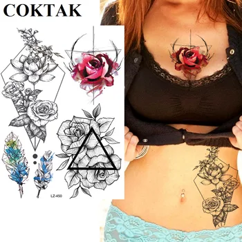 COKTAK Lotus a Crescut Geometric Femei Tatuaje Temporare Flori Pene Linie de Design Tatuaj Body Art Vară Stil Sexy Tatuaje False