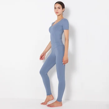 Combinație Femei Yoga Seturi Tricou Maneci Scurte Talie Mare, cu Buzunar Jambiere de Fitness Costum V Gât Sport Atletic Îmbrăcăminte