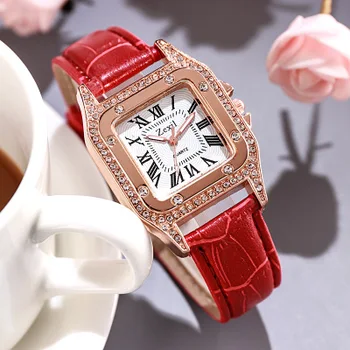 Femei Ceas Cu Diamante Înstelat Cadran Pătrat Ceasuri Brățară Set Doamnelor Din Piele Trupa Cuarț Ceas De Mână De Sex Feminin Roșu Roz Student Ceas
