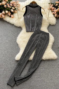 Fierbinte De Foraj Vestă Neagră Cu Mâneci Lungi Pentru Femei Costum Sexy Rezervor De Top Fără Mâneci Culturilor Sus+Versatil De Înaltă Talie Pantaloni Skinny 2-Bucata Set