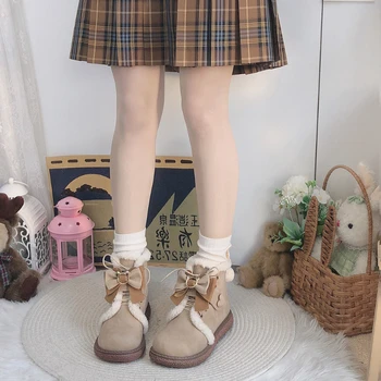 LLUUMIU Toamna Și Iarna Nou Pantofi pentru Femei Cizme Glezna Papion Casual dulce Apartamente Japoneză Platforme Kawaii shaggy Lolita Pantofi