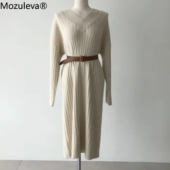 Mozuleva Vintage V-neck Doamnelor Rochie Pulover 2022 Toamna Iarna Cald Pierde Complet Maneca Solid de Tricotat Femei Rochii Vestidos
