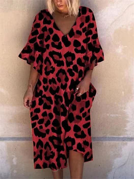 Plus Size Leopard Mijlocul Rochii Lungi Jumătate Maneca Femei Casual de Vara Beach Party Liber Rochie Vintage de Vacanță Vestidos S-3XL 2021