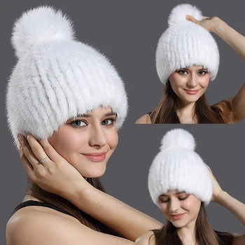 Rusia Iarnă Adevărată Blană De Nurcă Pălărie De Femei De Moda Tricotate Blană Minge Capace Chelioși&Căciuli Călduroase De Protecție Pentru Urechi Blana De Vulpe Pompom Mingea Pălărie