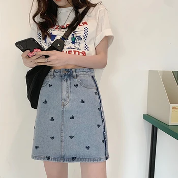 Tendință De Moda De Talie Mare Toate-Meci Femei Fusta Din Denim De Vară 2021 Nou Stil Coreean Dragoste Broderie-Linie Jean Pachet Fusta Șold