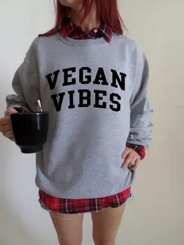 Vegan Vibratii Crewneck Tricou gri Unisex tumblr tricou de moda Vegan vibratii Jumper maneca lunga estetice topuri