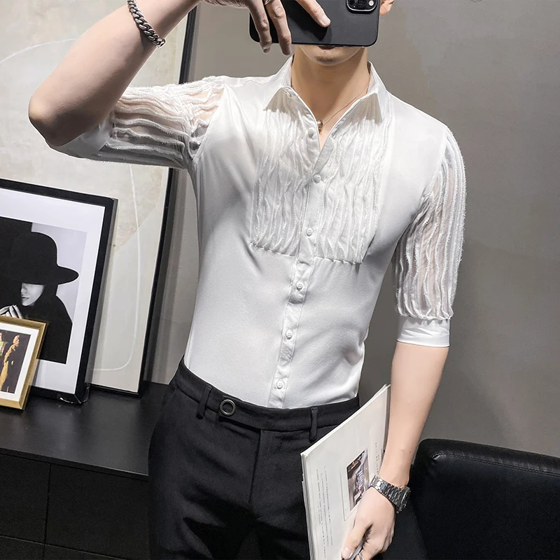 Cumpara Coreea de Vară Jumătate Maneca Barbati Smoching Simplu Toate se Potrivesc Slim Fit Streetwear Bluză Casual pentru Barbati Black/White 3XL \ Îmbrăcăminte Pentru Bărbați / www.blue-astral-cernavoda.ro